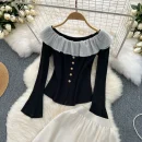 LE2084 French Retro Early Spring Wear Set Sweet Ruffled Top Color Contrast Chiffon Skirt Two-Piece Set