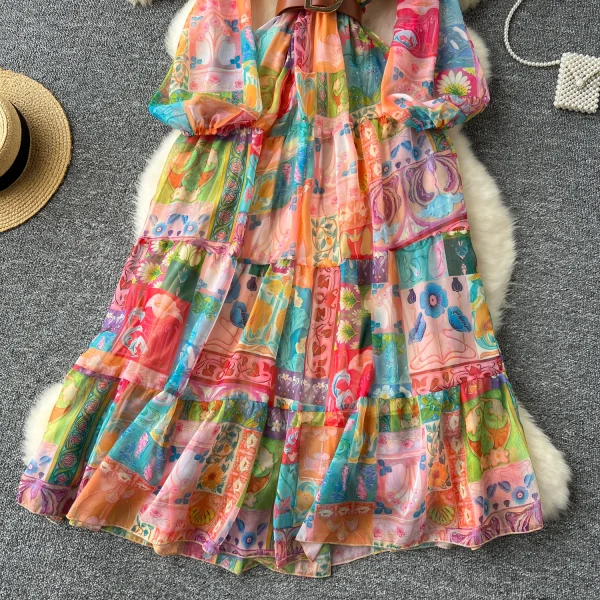 LE2633 Style Chiffon Printed Dresses Ethnic V-Neck Long Sleeve Belted Evening Dresses Maxi Party Robe 2025 - Image 4