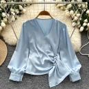 LW0832 Design Sense V-Neck Nail Bead Pleated Long Sleeve Satin Top Women'S Chic Tops For Women Casual Blouses 2025