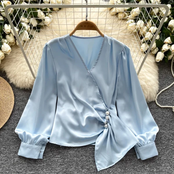 LW0832 Design Sense V-Neck Nail Bead Pleated Long Sleeve Satin Top Women'S Chic Tops For Women Casual Blouses 2025 - Image 6