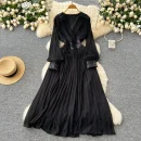 LE4777 High-End Niche Dress Women'S Autumn Heavy Industry Sequin Splicing V-Neck Lantern Sleeve Waist Fringe Pleated Skirt