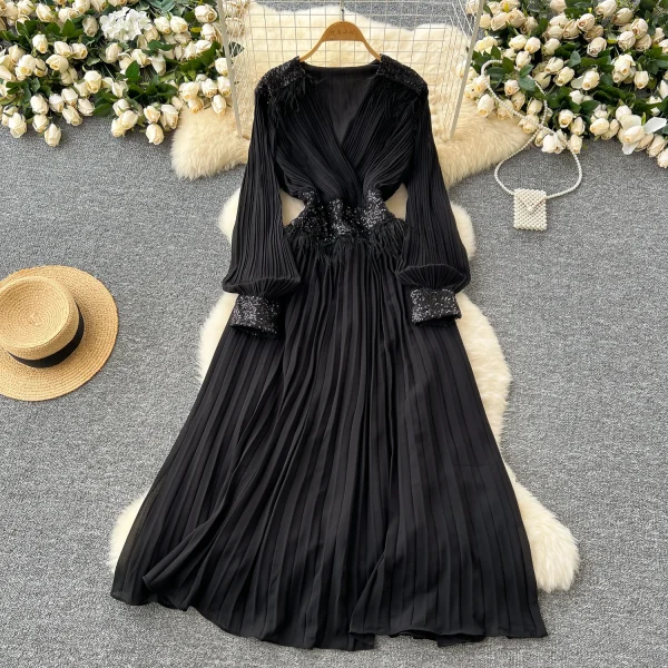 LE4777 High-End Niche Dress Women'S Autumn Heavy Industry Sequin Splicing V-Neck Lantern Sleeve Waist Fringe Pleated Skirt - Image 5
