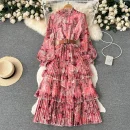 LE2582 2025 Pastoral Style Elasticity Stand Collar Floral Dress Long Sleeve Ruffled Print Cake Dress Women Boutique Midi Dresses