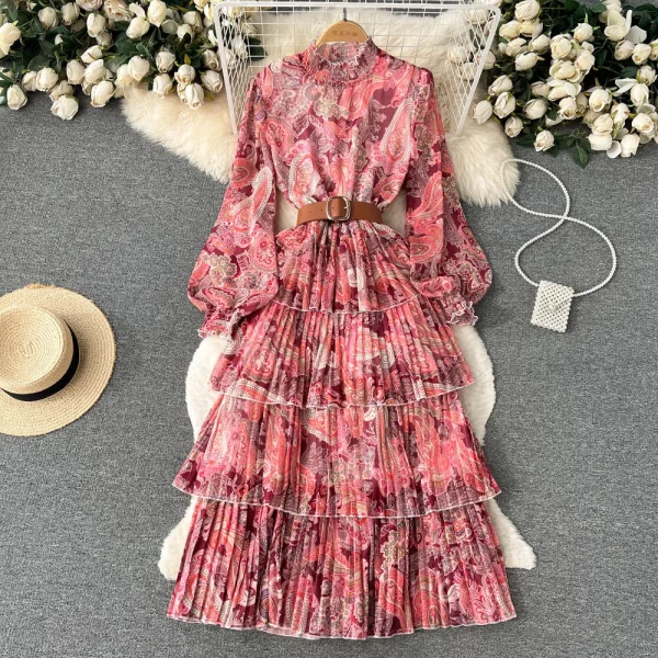 LE2582 2025 Pastoral Style Elasticity Stand Collar Floral Dress Long Sleeve Ruffled Print Cake Dress Women Boutique Midi Dresses - Image 5