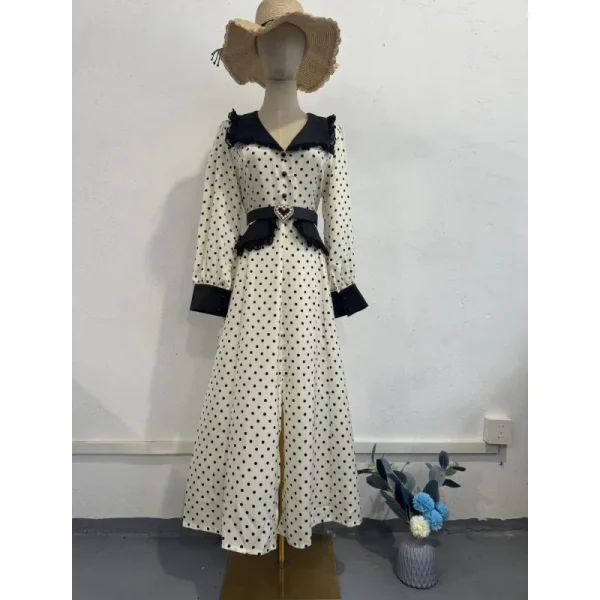 LE2702 Middle East Elegant Ladies Evening Dress 2025 Autumn Lace Doll Collar Slim Polka Dot Maxi Printed Dress Women