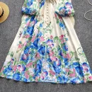 LE2631 Minority Court Style Large Size Printed Dresses Anding Collar Lantern Long Sleeve Evening Robe Elegant Party Maxi Dresses