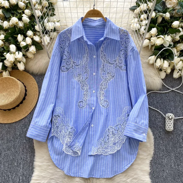 LW0750 Spring Shirt Women 2025 New Hollow Lace Hook Loose Thin Irregular Foreign Style Striped Blouses Elegant Women