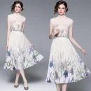 LE1279 2025 Boutique Two Piece Set T-Shirt Printed Pleated Skirt Boutique Women'S 2-Piece Set Miyake Pleated Casual Style Sets