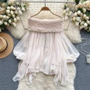 LW0754 Top Sweet Pleated Line Neck Off-The-Shoulder Pure Bubble Sleeve Irregular Shirt Blouses Elegant Women Ladies
