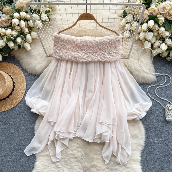 LW0754 Top Sweet Pleated Line Neck Off-The-Shoulder Pure Bubble Sleeve Irregular Shirt Blouses Elegant Women Ladies - Image 2