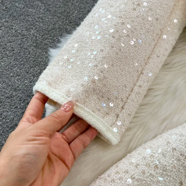 Heavy Handmade Sequins Womens Elegant Slim Tweed Two Piece Sets Vintage Coats+Wrap-Around Skirt Korean Woolen Chaquetas Chic Set - Image 6
