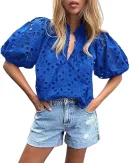 2025 Cross-border Women's Summer Blouse Fashion Casual Lantern Sleeves V-neck Button Openwork Lace Embroidery Shirt