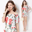 Carnation-Print Poplin Women'S Boutique Suit Square Neck One Shoulder Shorts Suit Bubble Short Sleeve Top Shorts Two Piece Set
