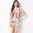 Carnation-Print Poplin Women'S Boutique Suit Square Neck One Shoulder Shorts Suit Bubble Short Sleeve Top Shorts Two Piece Set