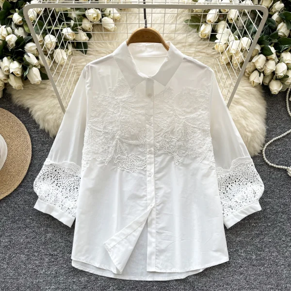 LW0747 2025 New High-Grade Hollow Hook Embroidery Lace Lantern Sleeve Slim Chic Shirts for Women Tops