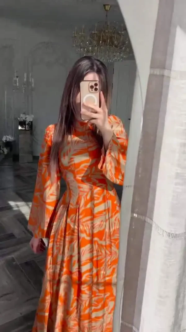 LE2701 Middle East Banquet Long Evening Dress Lady 2025 Autumn Exotic Stand Collar Long-sleeved Printed Maxi Dress Women - Image 6