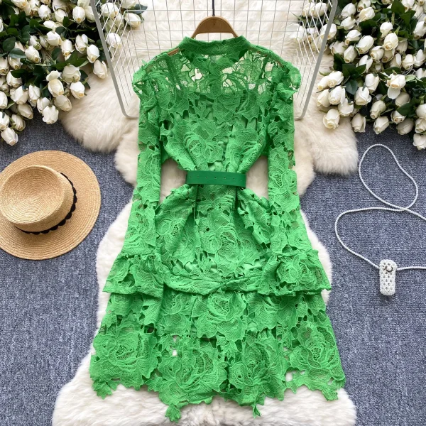 LE2644 Elegant Lace Midi Evening Dress Lady Autumn Retro Heavy Industry Hollow Lace Embroidery O-Neck Socialite Short Dress - Image 3