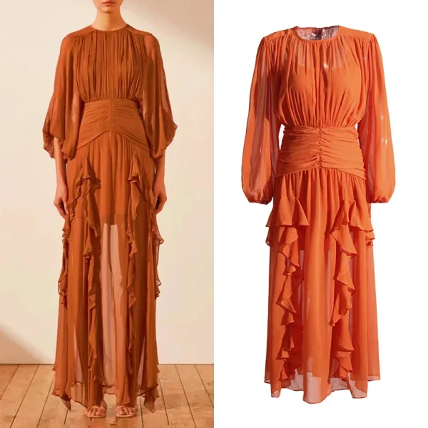 LE2641 2025 Autumn Chiffon Pleated Maxi Dress Woman Lotus Leaf Lace Splicing High Waist Fairy Skirt Elegant Evening Dresses