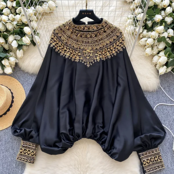 LW0826 Blouse Woman High-End Foreign Style Heavy Industry Nailed Bead Glitter Loose Slimming Satin Top Woman Blouses For Lady - Image 4