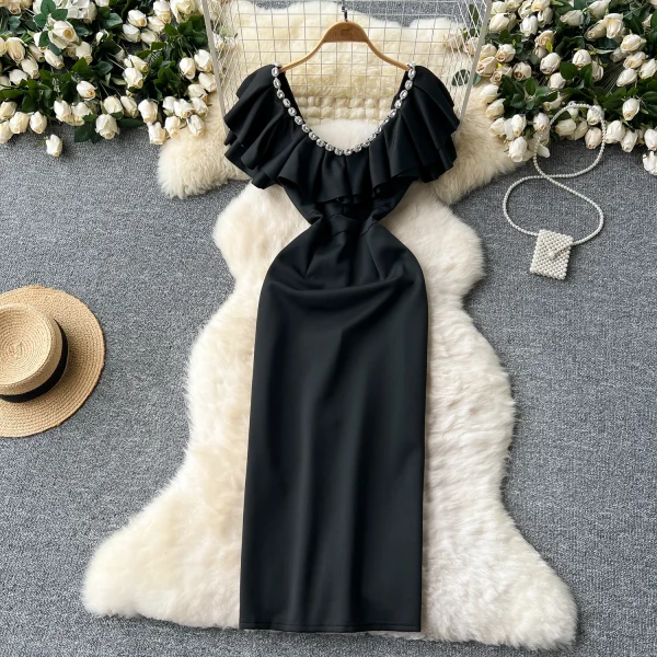 LE2622 Elegant Industry Diamond Fold V-Neck Party Dresses Flying Sleeve Package Hip Midi Dress Boutique Socialite Evening Dress - Image 5