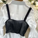 LW0751 Blouses Elegant Women Puffed Sleeve Shirt Pure Desire Satin Patchwork Halter Fishbone Vest Two-Piece Set