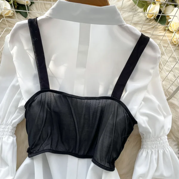 LW0751 Blouses Elegant Women Puffed Sleeve Shirt Pure Desire Satin Patchwork Halter Fishbone Vest Two-Piece Set - Image 5