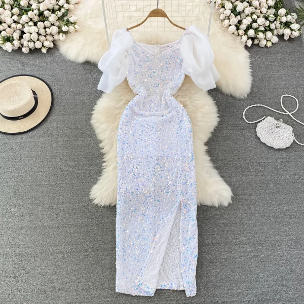 LE2659 Socialite Maxi Evening Dresses for Woman 2025 Autumn Bubble Short Sleeve Sequin Hip Wrap Dresses Elegant Party Long Dress - Image 4