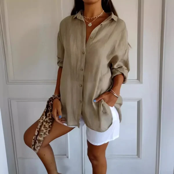 New Single-breasted Pleated Lapel Shirt Ladies Solid Colour Blouse - Image 2