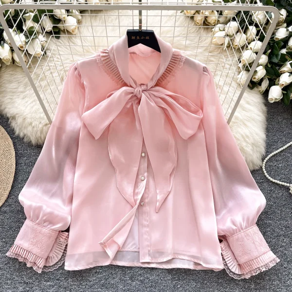 LW0827 Breezy Bow Tie Streamer Satin Blouse Ladies Chic Blouses 2025 Blouses Elegant Women Ladies