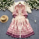 LE2629 Autumn Women Boutique Robe Lantern Long Sleeve Socialite Party Maxi Elegant Lady Dresses Hemp Belt Long Printed Dresses
