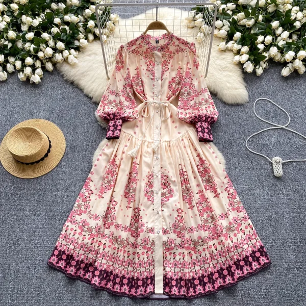 LE2629 Autumn Women Boutique Robe Lantern Long Sleeve Socialite Party Maxi Elegant Lady Dresses Hemp Belt Long Printed Dresses