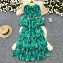 LE4771 Light Wind Women'S Dress Autumn Advanced Sense Flower Fold Waist Lantern Sleeve Floral Chiffon Skirt Long Dress