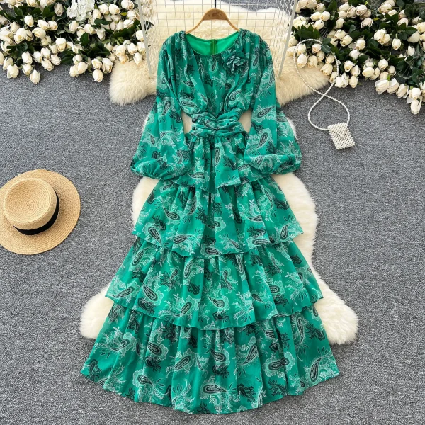 LE4771 Light Wind Women'S Dress Autumn Advanced Sense Flower Fold Waist Lantern Sleeve Floral Chiffon Skirt Long Dress