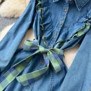 LE2645 Ladies Boutique Dresses Women Splicing Plaid Clash of Colours Straps Waisted Single-Breasted Denim Midi Dress Lady