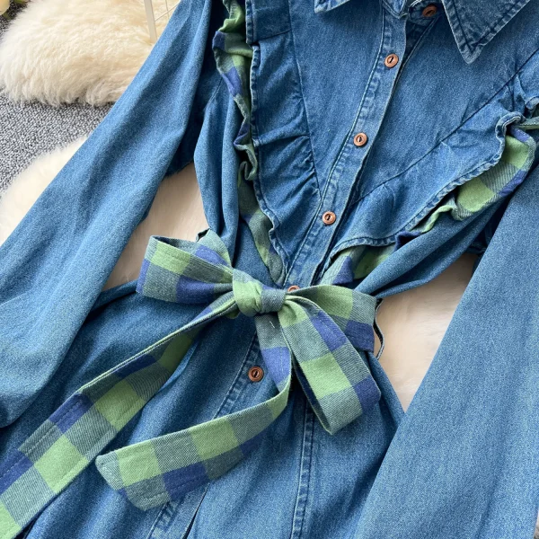LE2645 Ladies Boutique Dresses Women Splicing Plaid Clash of Colours Straps Waisted Single-Breasted Denim Midi Dress Lady - Image 4
