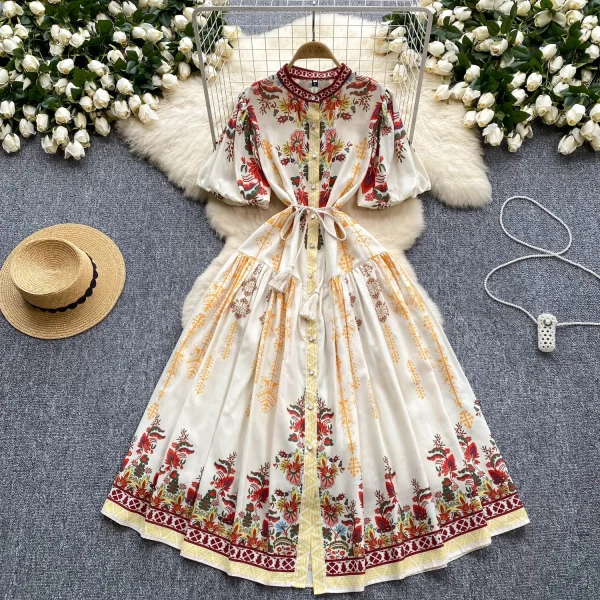 LE2630 Women Boutique Robe Lantern Short Sleeve Socialite Party Maxi Elegant Lady Dresses Hemp Belt Long Printed Dresses Autumn