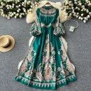 LE2634 Ethnic Printed Dresses Maxi Autumn New Court Style V-Neck Long Sleeve Banquet Robe Woman Boutique Holiday Dress for Women