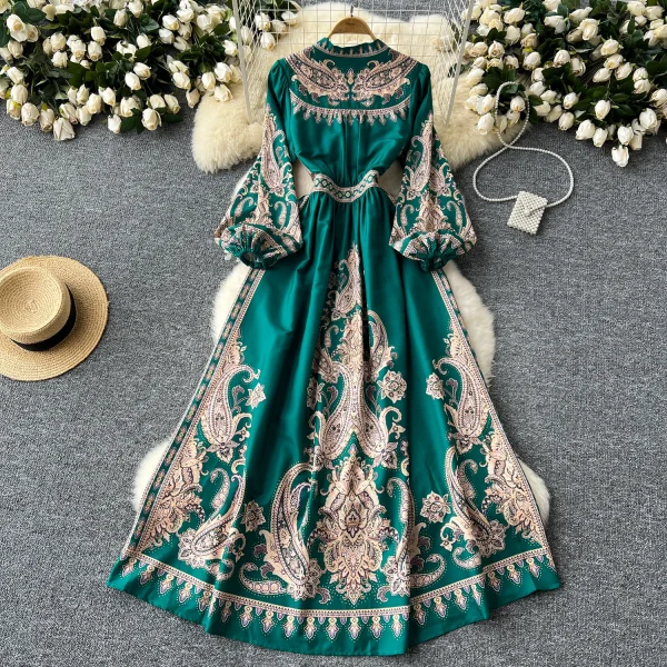 LE2634 Ethnic Printed Dresses Maxi Autumn New Court Style V-Neck Long Sleeve Banquet Robe Woman Boutique Holiday Dress for Women - Image 2