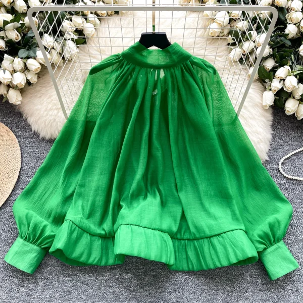 LW0707 Vintage Puffy Sleeve Shirt Women'S Autumn Butterfly Bow Tie Mesh Design Top Blouses Elegant Women Ladies - Image 5