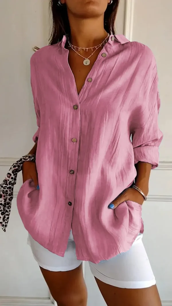 New Single-breasted Pleated Lapel Shirt Ladies Solid Colour Blouse - Image 6