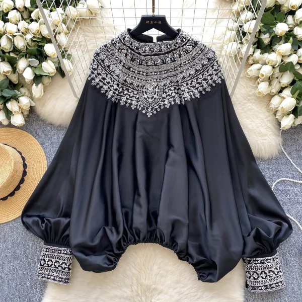 LW0826 Blouse Woman High-End Foreign Style Heavy Industry Nailed Bead Glitter Loose Slimming Satin Top Woman Blouses For Lady - Image 6
