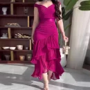 LE2642 Sexy V-Neck Autumn Chiffon Pleated Dress Woman Lotus Leaf Lace Splicing High Waist Fairy Skirt Elegant Evening Dresses