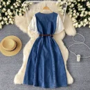 LE2646 Ladies Boutique Dresseses Women Direct Square Collar Short Sleeve Denim Splicing Denim Midi Dress Lady