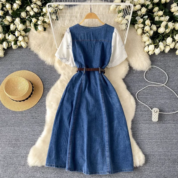 LE2646 Ladies Boutique Dresseses Women Direct Square Collar Short Sleeve Denim Splicing Denim Midi Dress Lady - Image 2
