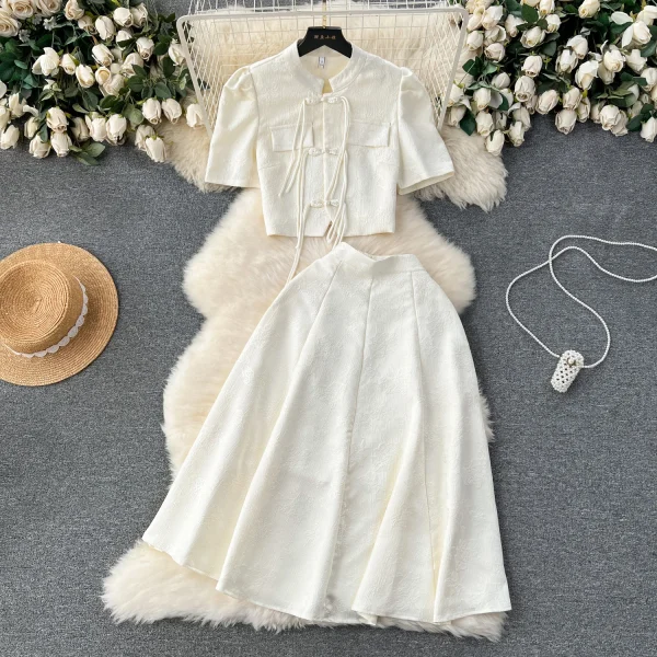 LE2082 Women'S Disk-Buckle Tassel Short Top Temperament 100 Matching Skirt Women'S Senior Sense of Two Sets