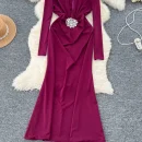 LE4769 Sexy Deep V-Neck Long Sleeve Dress Women'S Dinner Dress Heavy Heavy Diamond Flower Waist Slimming Skirt