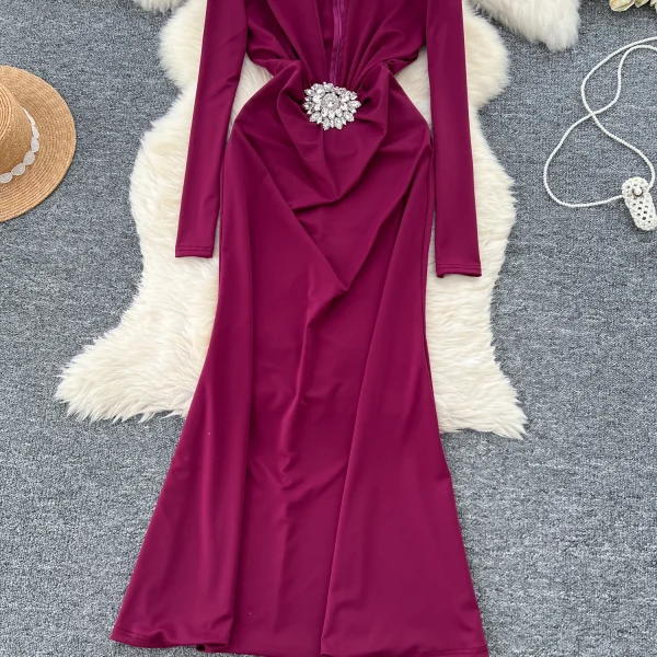 LE4769 Sexy Deep V-Neck Long Sleeve Dress Women'S Dinner Dress Heavy Heavy Diamond Flower Waist Slimming Skirt - Image 6