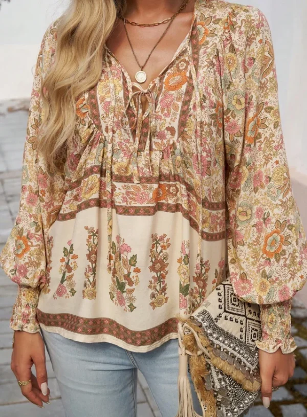 Casual  Women's Printed Shirt Temperament V-neck Long Sleeved Top - Image 2