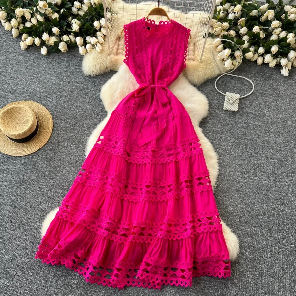LE2617 Women'S Boutique Hollow Embroidery Maxi Dresses Elegant Sleeveless Lace Robe Socialite Party Lace Dresses Women Elegant - Image 2