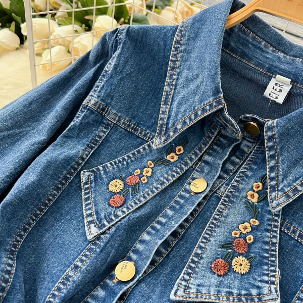 LE2669 French Retro Design Office Woman Denim Dresses Embroidery Lapel Waist Slimmer Single-Breasted Denim Midi Dress Women 2025 - Image 3